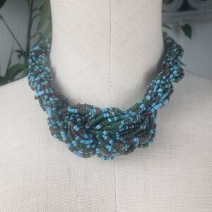 Glass Choker w/ Turquoise Green & Brown beads - Braided & Knotted Artisan